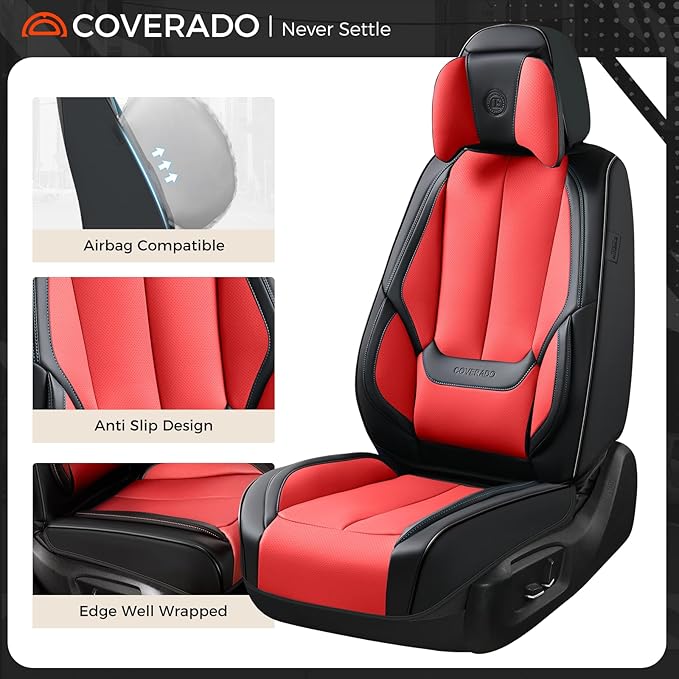 Coverado Seat Covers Full Set, 5 Seats Seat Covers for Cars, Waterproof Nappa Leather Car Seat Covers with Head Pillow, Seat Protectors Car Seat Cushion Universal Fit for Most Cars (Black&Red)