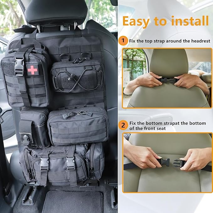 truck seat organizer and storage tactical car back seat back organizer with a Molle Vehicle Panel and 5 Different Size Molle Pouches for most models such as Jeep,SUV,Pickup (Black)