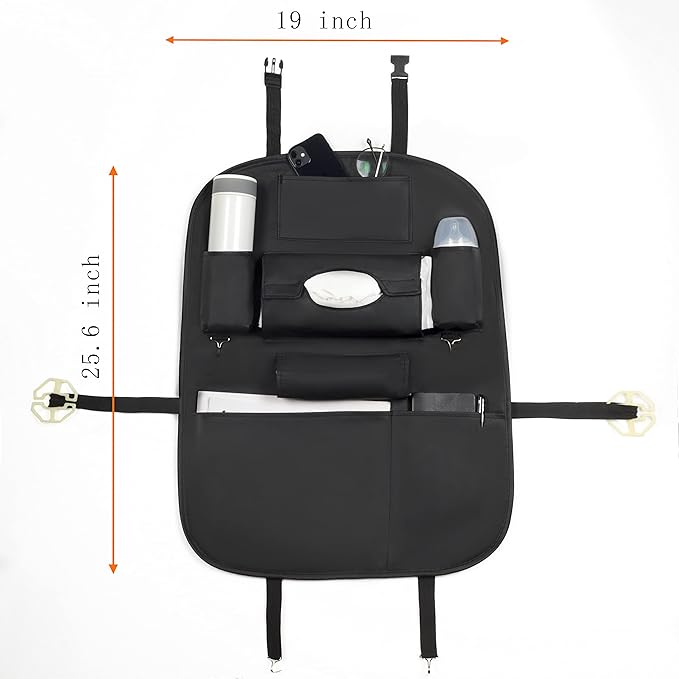 Backseat Car Organizer, Black Backseat Organizers PU Leather Storage Bag Holder Pocket Back Seat Protector Kick Mats Seat Back Organizer for Kids