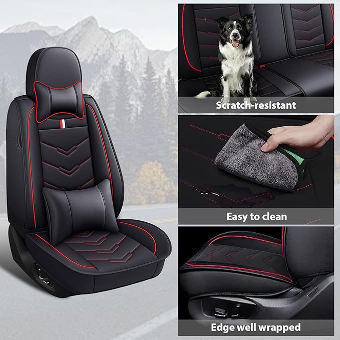 MVRVMV for Ford F-150 2010-2026 Seat Covers, Waterproof Leather Seat Cover with 2* Neck Pillow and 2* Lumbar Support (5 Seat Luxury,Black-Red)