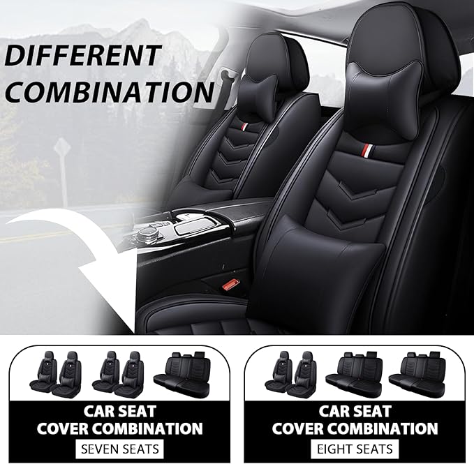 MVRVMV Luxury Car Seat Covers for Honda Pilot 2010-2026, Wear-Resistant Front and Rear Seat Cover with 2* Neck Pillow and 2* Lumbar Support (8 Seat Luxury, Black