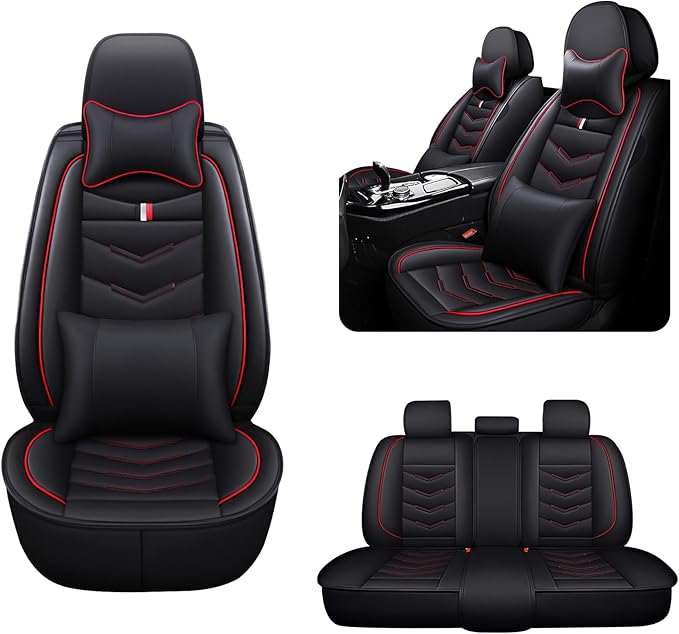 MVRVMV for Ford F-250 2010-2026 Seat Covers, Waterproof Leather Seat Cover with 2* Neck Pillow and 2* Lumbar Support (5 Seat Luxury,Black-Red)