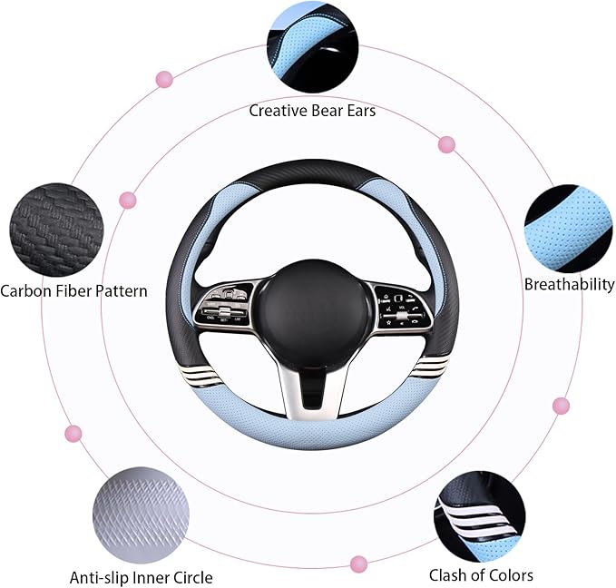Cute Steering Wheel Cover for Women Men Leather Universal 15 inch,Black and Blue