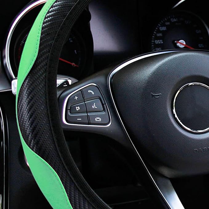 Car Steering Wheel Cover, 15 inch Carbon Fiber Microfiber PU Leather Elastic Steering Wheel Protector for Men Women, Anti-Slip Breathable Car Interior Accessories for Most Cars (Green)