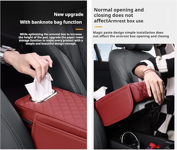 Car Armrest Pads for Hyundai Santa Fe Sport 2013 2014 2015 2016 2017 2018,Leather Center Console Covers Waterproof Anti-Slip Scratch Comfortable Automobile Protective Accessories,Black-Red