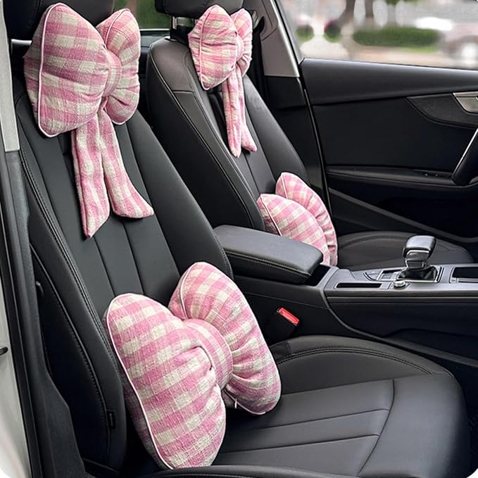 Car Accessories Plaid Bow Headrest Lumbar Pillow 4PCs Set Cotton Linen Elegant Soft Car Seat Cushions for Daily Commuting Trave (Pink Plaid,4pcs)