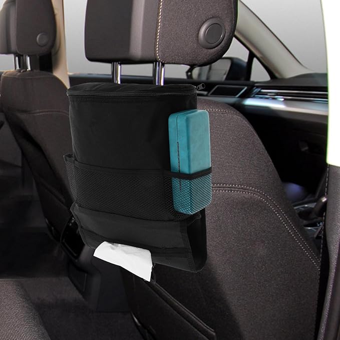 Car Seat Back Organizer with Insulated Cooler Bag and Storage Compartments, Hanging Multi-Functional Seat Back Storage for Travel and Backseat Organization
