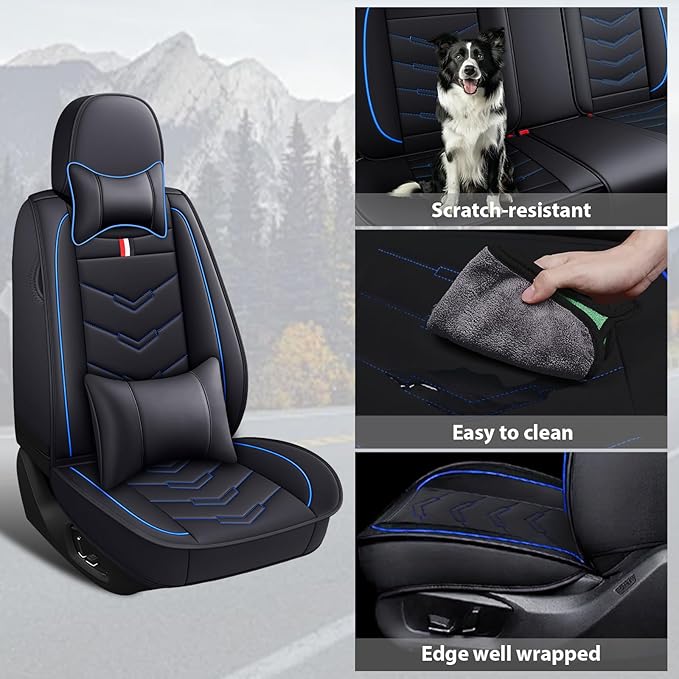 MVRVMV Seat Covers for Ford Explorer 2007-2026, Waterproof Leather Auto Seat Cover with 2* Neck Pillow and 2* Lumbar Support (2 Seat Luxury,Black-Blue)