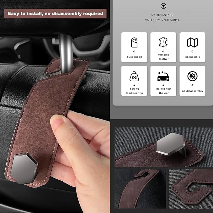 3PCS Car Seat Back Hook, Leather Car Seat Organiser Hooks, Universal Car Back Seat Headrest Hanger ,Car Seat Purse Hook,Car Hanger Storage Car Seat Back Organizer for Bags,Purses, Handbags (Brown)