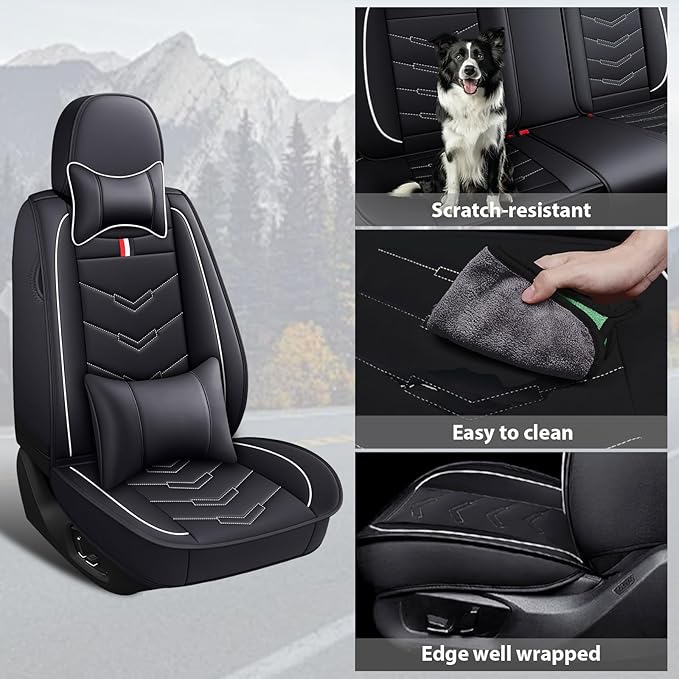 MVRVMV Luxury Car Seat Covers for Ford Explorer 2012-2026, Nappa Leather Auto Seat Cover with 2 Neck Pillows and 2 Lumbar Supports (5 Seat Luxury, Black-White)