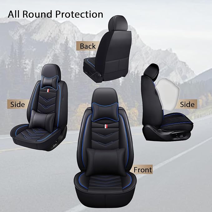 MVRVMV Seat Covers for Ford Maverick 2022-2026, Waterproof Leather Auto Seat Cover with 2* Neck Pillow and 2* Lumbar Support (5 Seat Luxury,Black-Blue)