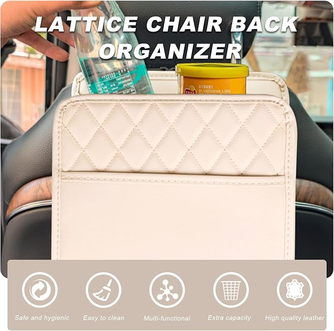 Car Seat Back Organizer, Large Capacity Foldable Car Seat Back Hanging Bag with 3 Extra Pockets, Waterproof Leather Auto Seats Storage Organizer, Car Travel Essentials Accessories (White)