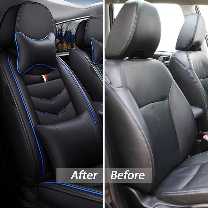 MVRVMV Seat Covers for Ford Bronco 2021-2026, Waterproof Leather Auto Seat Cover with 2* Neck Pillow and 2* Lumbar Support (5 Seat Luxury,Black-Blue)