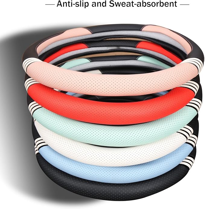 14 inch Cute D Shaped Steering Wheel Cover for Women Men Faux Leather and Carbon Fiber,Black and Blue