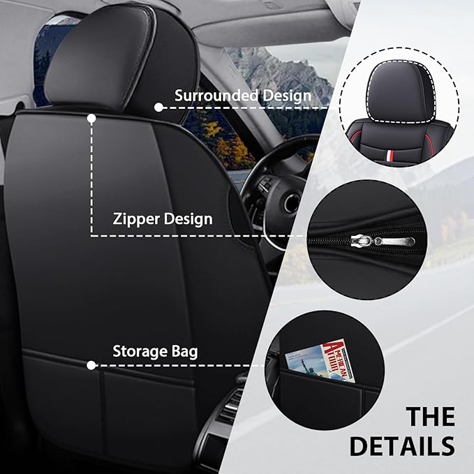MVRVMV for Ford F-250 2010-2026 Seat Covers, Waterproof Leather Seat Cover with 2* Neck Pillow and 2* Lumbar Support (5 Seat Luxury,Black-Red)