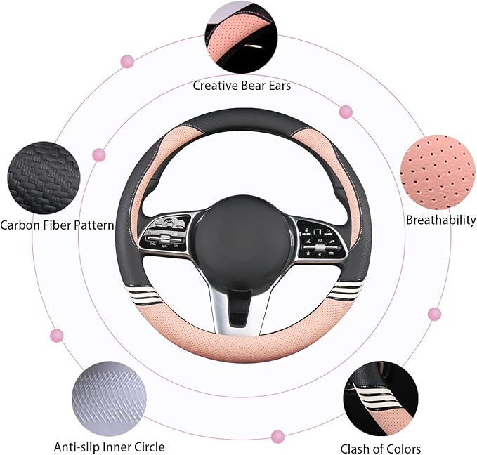 14 inch Cute Steering Wheel Cover for Women Men Faux Leather and Carbon Fiber,Black and Pink