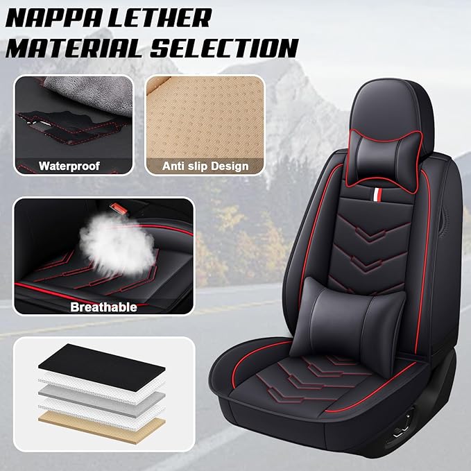 MVRVMV for Ford Bronco 2021-2026 Seat Covers, Waterproof Leather Seat Cover with 2* Neck Pillow and 2* Lumbar Support (2 Seat Luxury,Black-Red)