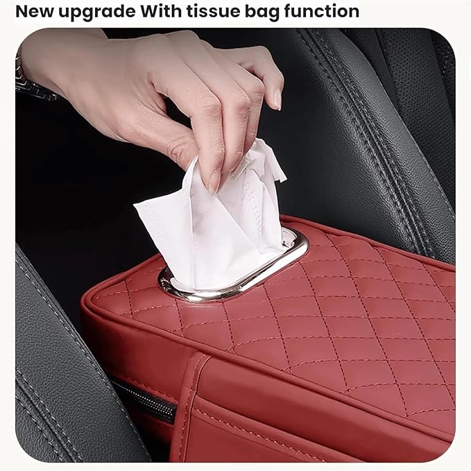 Car Arm Rest Cover Pad for Toyota Camry 2012 2013 2014 2015 2016 2017, Leather Memory Foam Center Console Cushion with 2 Storage Bags and a Tissue Box Universal Car Interior Accessories
