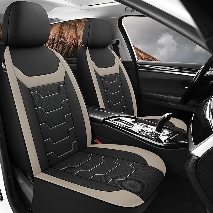 CAROMOP Breathable Car Seat Cover 2 Front Seats, 3D Air Mesh Cloth Seat Covers for Cars, Universal Fit Automotive Car Interior Covers for SUV Vans Sedans Trucks(Black/Beige)