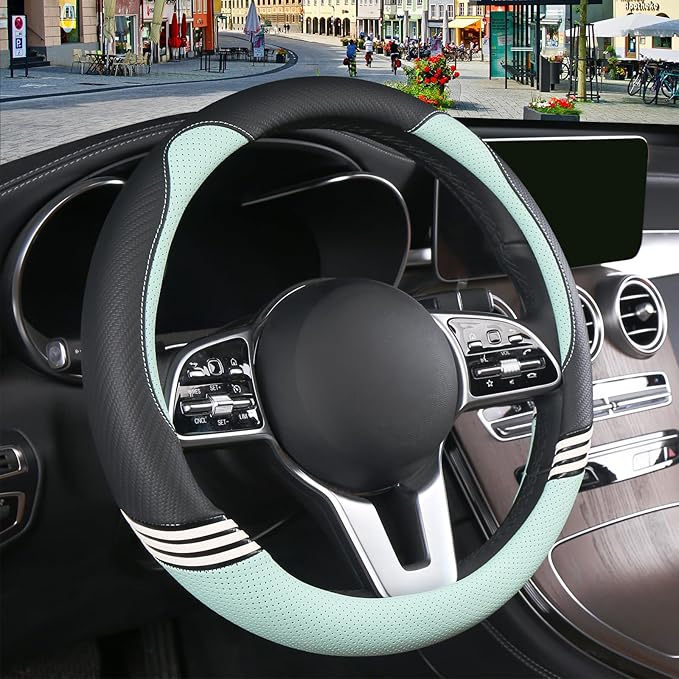 Cute Steering Wheel Cover for Women Men Leather Universal 15 inch,Black and Green