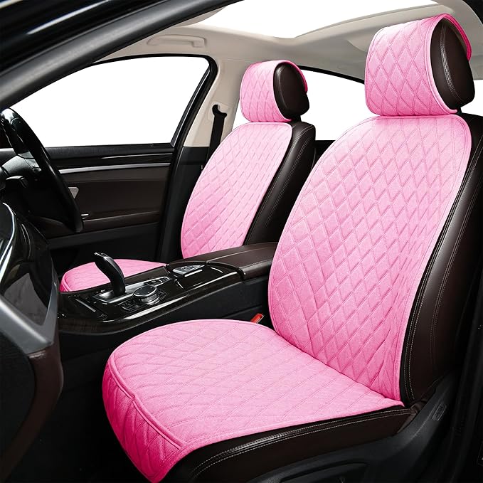 BaoLL 2PCS Linen Front Seat Covers for Cars Sideless Seat Covers Breathable Cloth Fabric Car Seat Protector Universal Fit Most Automotive, SUV, Trucks, Van(Pink)
