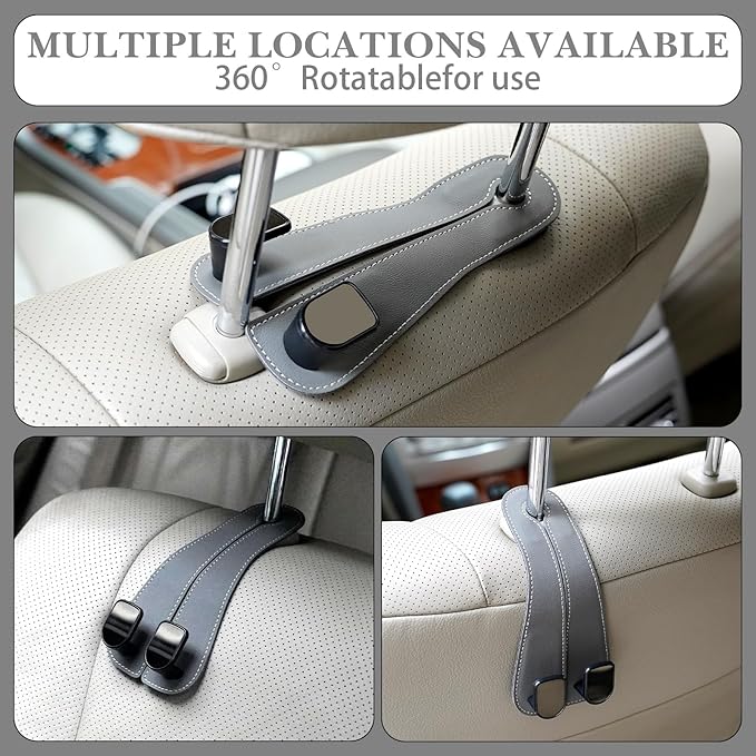 Adorila Car Seat Headrest Hooks - Vegan Leather Double Hook Purse & Phone Holder, Seat Back Organizer for Bags, Clothing & Handbags (Grey, 2-Pack)