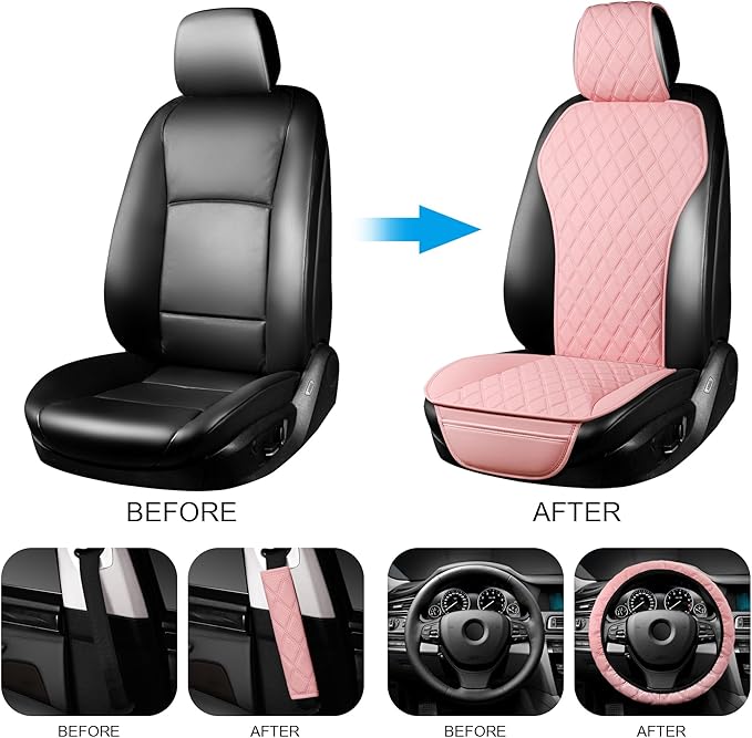 BaoLL 2PCs Front Car Seat Covers, Leather Seat Covers with Steering Wheel Cover and Two Seat Belt Pads, Waterproof Seat Covers for Cars Universal Fit 95% Vehicles (Pink)