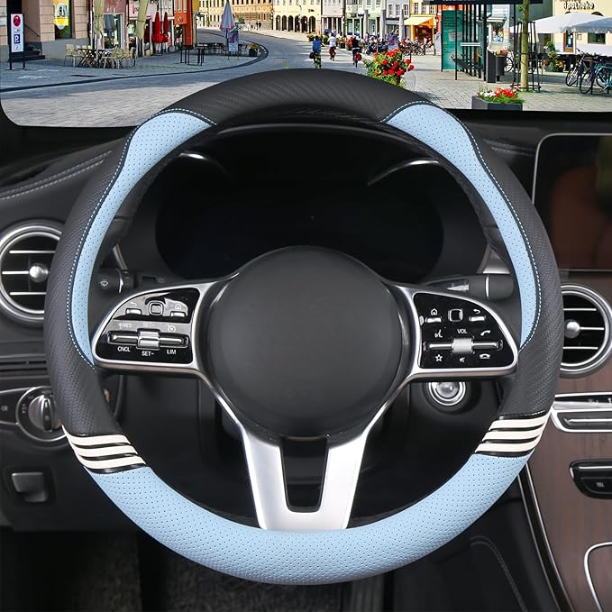 Cute Steering Wheel Cover for Women Men Leather Universal 15 inch,Black and Blue