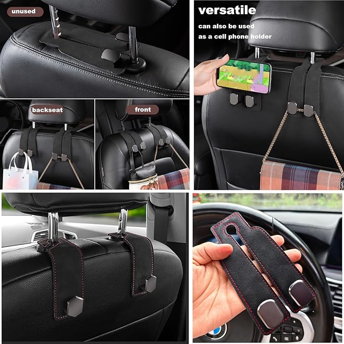 3PCS Car Seat Back Hook, Leather Car Seat Organiser Hooks, Universal Car Back Seat Headrest Hanger ,Car Seat Purse Hook,Car Hanger Storage Car Seat Back Organizer for Bags,Purses, Handbags (Black)