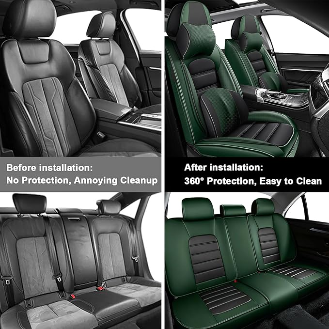 AREKA 5 Car Seat Covers for Honda Civic 2002-2026 Breathable Leather,Waterproof Car Seat Protectors with Comfort Headrest Pillows,Automotive Vehicle Cushion with Storage Pockets (Luxury,Green)