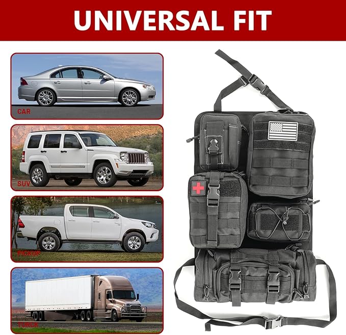 Z8 Tactical Car Seat Back Organizer with 5 Detachable Molle Pouches - Universal Fit for Most Vehicles