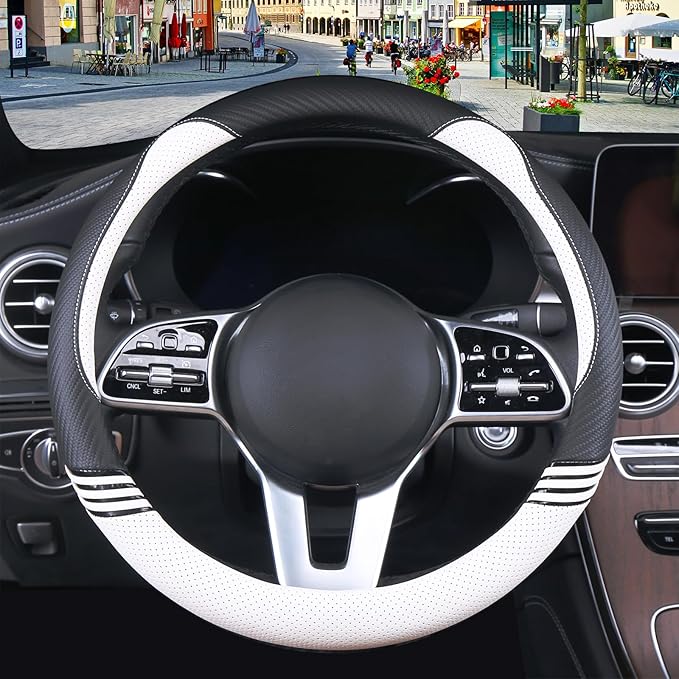 Cute Steering Wheel Cover for Women Men Leather Universal 15 inch,Black and White