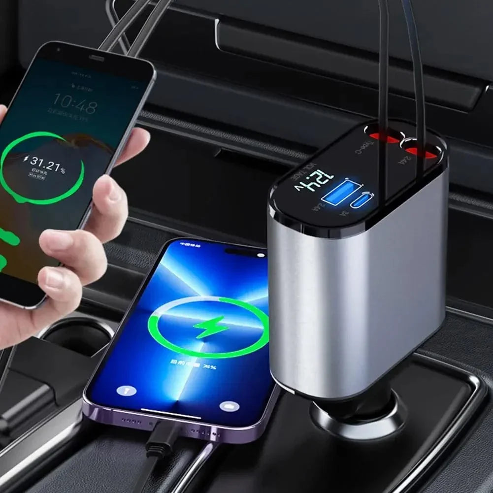 4-in-1 Retractable Super-Fast Car Charger, USB Type C Cable for iPhone & Samsung