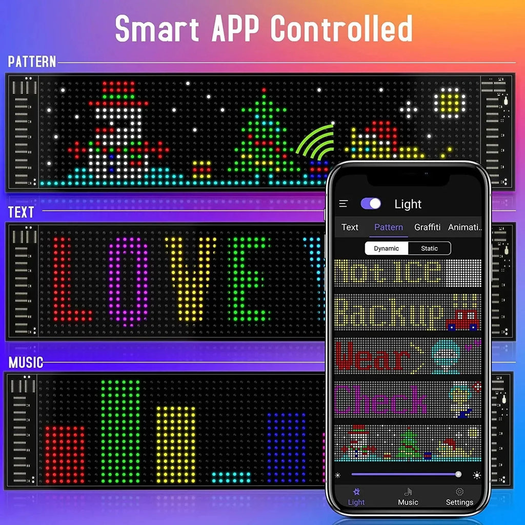 LED Car Sign, Programmable LED Matrix Panel, Flexible Screen Display Animation Message Scrolling Sign, APP Control for Cars, Shop, Bar, Party Festival
