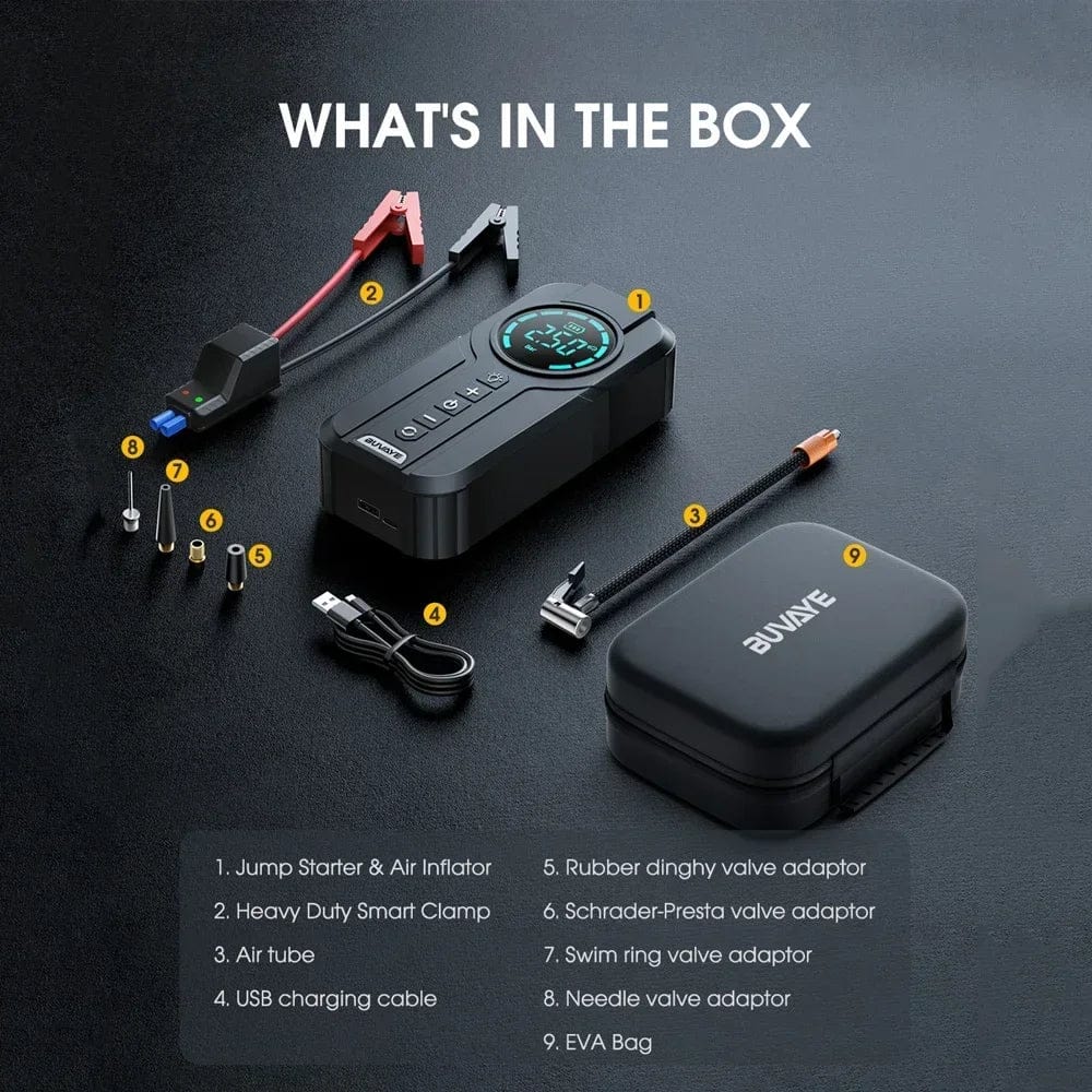 Portable Car Jump Starter with Air Compressor, Jump Starter Battery Pack, 12V Battery Starter with Digital Display Tire Inflator, Battery Booster with Built-in LED Emergency Light